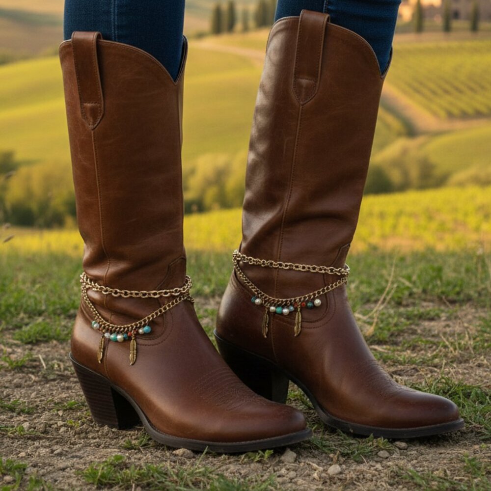 NEW Women Gold Metal Chain Boot Bracelet Shoe Ethnic Feather Charm Anklet SET